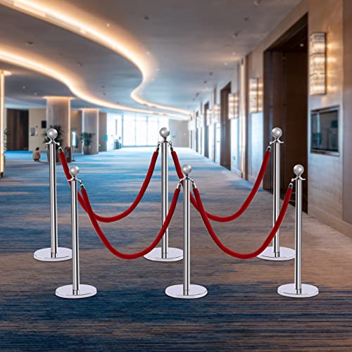 6PCS Stanchions and Velvet Ropes,4 Red 4.92" L Velvet Ropes and 37.4" H Stainless Steel Posts with Hollow Base, Crowd Control Barriers Stanchions, Carpet Runner Poles for Party Supplies,Sliver - color: Sliver