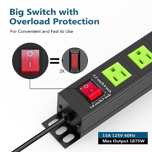 Metal 8 Outlet Mountable Power Strip, Wall Mount Outlet Power Strips Heavy Duty, Commercial Shop Power Strip with Switch, 15A 125V 1875W, 300J (Green 6FT) - color: Green 6FT