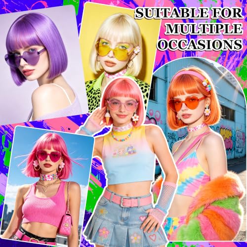 Short Bob Straight Hair Wigs with Bangs, Synthetic Fiber Colorful Hair, Heart-shaped Sunglasses for Women (Black) - color: Black
