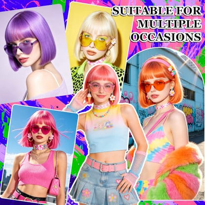 Short Bob Straight Hair Wigs with Bangs, Synthetic Fiber Colorful Hair, Heart-shaped Sunglasses for Women (Black) - color: Black