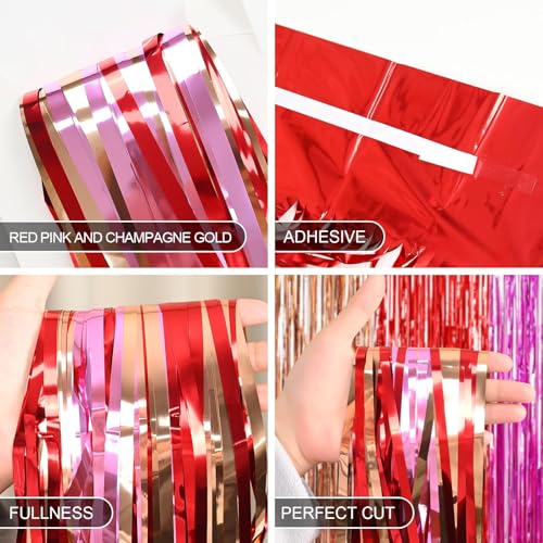 Valentines Foil Fringe Curtains, 2 Packs of 3.3x6.6 ft Valentine's Day | Valentines Foil Fringe Curtains, 2 Packs of 3.3x6.6 ft Valentine's Day Photo Booth Props, Red Pink and Champagne Gold Foil - color: Red Pink and Gold