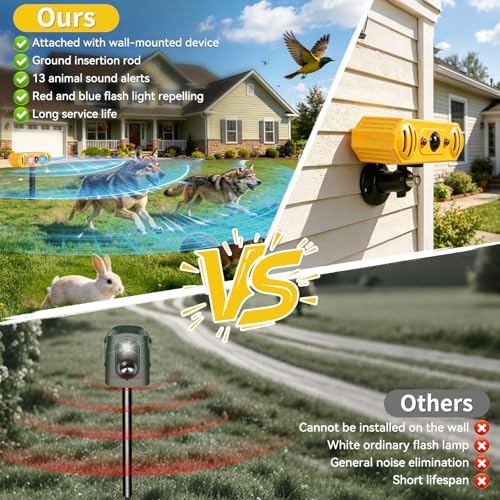 Solar Ultrasonic Animal Repellent -Cat Repellent Outdoor with 13 Predator Sounds & Strobe Lights for Dog Deer Raccoon Squirrels 2-in-1 Stake or Wall Mount for Yard Garden Farm & Patio