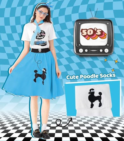 1950s Poodle Skirt Outfit Women 50s Sock Hop Costume T Shirt Accessories - color: Blue-sockhop, size: Small