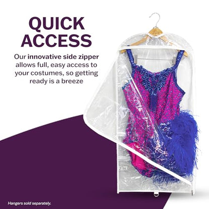 Clear Garment Bags for Dance Costumes 3-Pack, Regular-Size, Side Zipper Entry, Storage Pockets for Shoes & Accessories, Size 37”x18”, Dream Duffel - size: Non-Gusseted Regular-Size 37"x18"