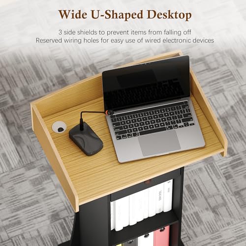 Podium Stand with Metal Wheels Wooden Lectern Podium Stand Portable Pulpit Standing with Storage Mobile Reception Podiums for Church Office School Conference Restaurant Meeting,Wood+Black - color: Black&wood