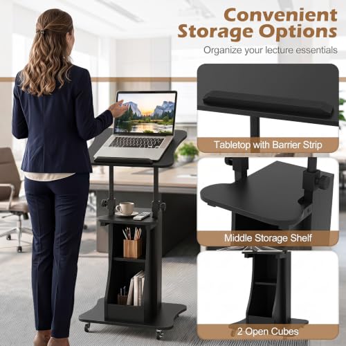 Tangkula Mobile Lectern Podium, Height Adjustable Podium Stand, Standing Sit-to-Stand Desk, Rolling Cart Laptop Desk with Swivel Top Movable Wheels & Storage - color: Black, size: 20" x 16" x 44"