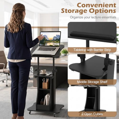 Tangkula Mobile Lectern Podium, Height Adjustable Podium Stand, Standing Sit-to-Stand Desk, Rolling Cart Laptop Desk with Swivel Top Movable Wheels & Storage - color: Black, size: 20" x 16" x 44"
