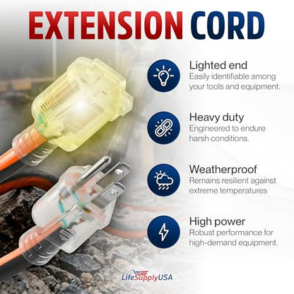 100ft Outdoor/Indoor Extension Cord 12/3 Gauge Extra Heavy Duty 3 Prong SJTW, Waterproof, Flexible Cold-Resistant Long Power Cord,15A 125V 1875W, Orange and Black by LifeSupplyUSA
