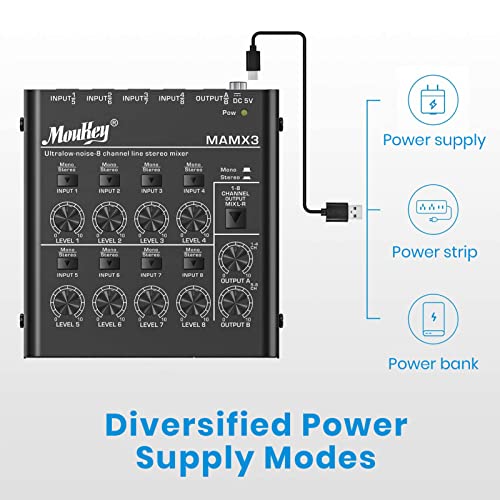 Moukey Audio Mixer, DC 5V, 8 Stereo Ultra, Low Noise 8 Channel Line Mixer for Sub-Mixing, for Small Clubs or Bars, As Guitars, Bass, Keyboards Mixer, MAMX3 - size: Large (8-channel)