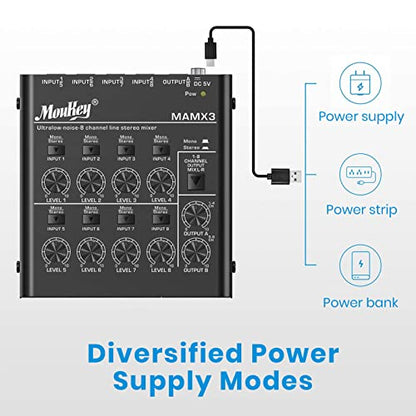 Moukey Audio Mixer, DC 5V, 8 Stereo Ultra, Low Noise 8 Channel Line Mixer for Sub-Mixing, for Small Clubs or Bars, As Guitars, Bass, Keyboards Mixer, MAMX3 - size: Large (8-channel)