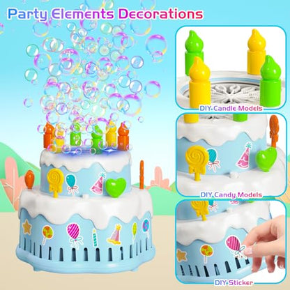 Panamalar Birthday Cake Bubble Machine, Automatic Bubble Blower for Kids Boys Girls 10000+ Bubbles Per Minute with Lights/Music/Solution, Party Cake Bubble Maker Toys for Birthday Outdoor Wedding Gift - color: Blue