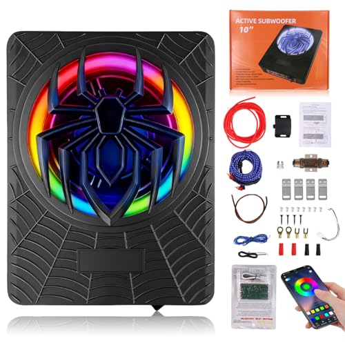 10'' 1200W Slim Under Seat Powered Car Subwoofer with Color LED Ambient Light, All-in-One Subwoofer and Amplifier Package for Car Truck SUV Audio - color: 10" 1200W Colorful Spider