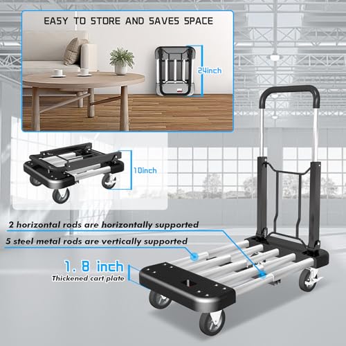 WarmyouHaul Pro Folding Hand Truck, 441LBS Capacity, Adjustable Platform (24-30") & Handle (28-35") 4" Rubber Wheels with 360° Swivel & Parking Brake, for Moving, Apartment, Warehouse, Commercial Use - color: Black