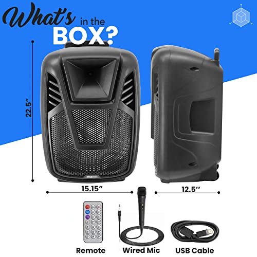 Pyle 15” Portable Bluetooth PA Speaker System - 800W Wireless Rechargeable Loudspeaker with LED Party Lights, Rolling Wheels, Built-in Amp, & Remote Control - Indoor/Outdoor Karaoke Machine (Black) - size: 15 inches
