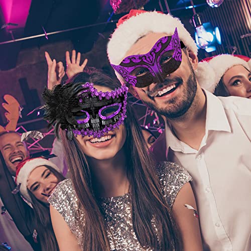 SIQUK Couple Masquerade Masks Set Venetian Party Mask Costume Mask - color: Black & Violet