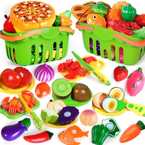100 PCS Cutting Play Food Toy for Kids Kitchen, Pretend Food Kitchen Toys Accessories with 2 Baskets, Fake Food/Fruit/Vegetable, Christmas Birthday Gifts for 2 3 4 5 Years Old Toddlers Boys Girls - color: Green
