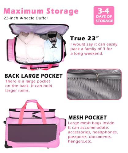 Dance Bag with Garment Rack,23inch Dance Competition Garment Bags with Clothes Rack,Suitcase,Rolling Duffle for Travel, Wheeled Drop-Bottom Upright Luggage Closet Suitcase(Expand-Pink - color: 23inch Expand-Pink