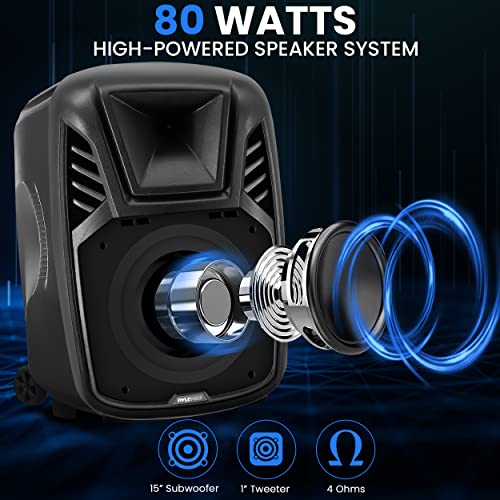 Pyle 15” Portable Bluetooth PA Speaker System - 800W Wireless Rechargeable Loudspeaker with LED Party Lights, Rolling Wheels, Built-in Amp, & Remote Control - Indoor/Outdoor Karaoke Machine (Black) - size: 15 inches
