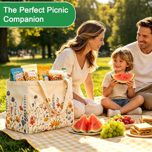 Aesthetic Canvas Reusable Grocery Bags Heavy Duty, 8.3 gal Foldable Large Tote Bag with Handles, Holds 60 lbs & Washable Eco-friendly Bags with 5 Pockets, Beige with a print 1 Bags（Wildflowers） - color: [A4] Flower, size: 1 Pack