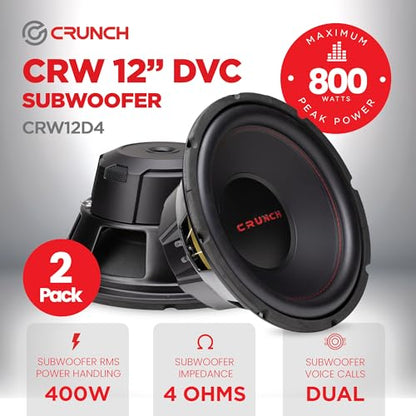 Crunch 12 Inch 800 Watt RMS Dual Voice Coil Car Audio Subwoofer, 2-Pack | 4 Ohm Car Subwoofers with Spade Terminals for Sealed or Vented Enclosures, Deep Bass for Car and Truck Stereo