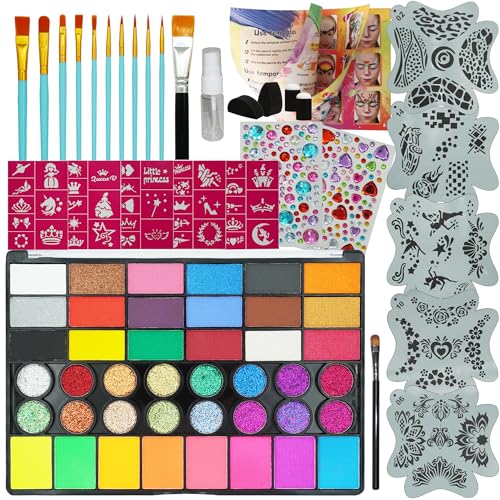 42Color Face Painting Kit for Kids - Non Toxic Water Activated Face Paint Set with Stencils, Brushes, Gems & Book. For Halloween, Carnival, Party; Costume Makeup (42 Color Face Painting Set) - color: 42 Color Face Painting Set