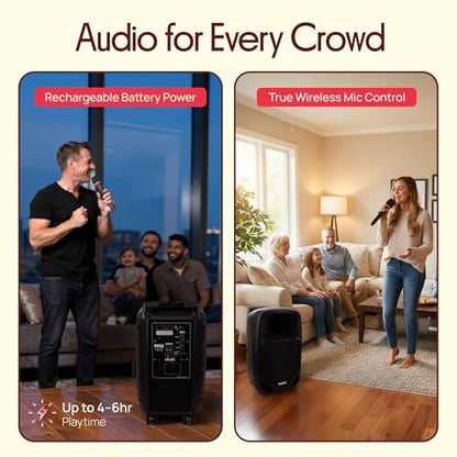 Pyle PSBT105A - 1000W Portable Bluetooth PA Speaker, 10'' Subwoofer, UHF Wireless Mic, MP3/USB/SD, Rechargeable Battery, LED Battery Indicator Lights, Black - size: 10 inch