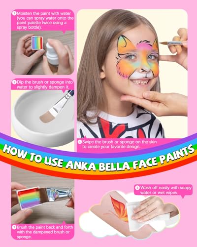 Anka Bella Professional Face Painting Kit with Over 180 Tutorials | For beginners and professionals,Bright color,high pigment,Water Based Face and Body Paint with Brushes & Stencils - color: Rainbow Cake