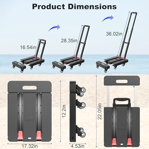 Folding Hand Truck, 500 LBS Heavy Duty Foldable Dolly Cart with Wheels, Telescoping Handle & 2 Elastic Ropes, Portable Luggage Cart for Moving, Travel, Home, Black Red