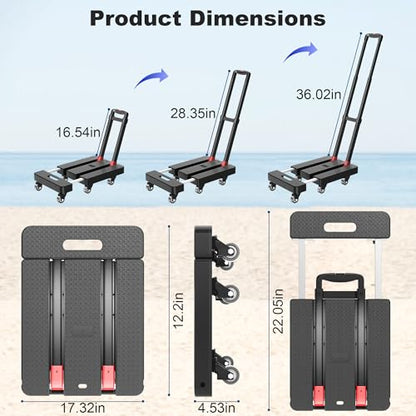 Folding Hand Truck, 500 LBS Heavy Duty Foldable Dolly Cart with Wheels, Telescoping Handle & 2 Elastic Ropes, Portable Luggage Cart for Moving, Travel, Home, Black Red