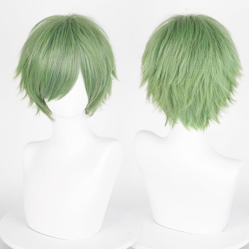 LABEAUTÉ Short Gray Green Anime Cosplay Wig Male Men Anime Layered Unisex Heat Resistant Hair Wig with Bangs for Party and Halloween for Gift + Free Cap - color: Gray Green F41