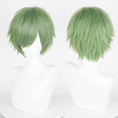LABEAUTÉ Short Gray Green Anime Cosplay Wig Male Men Anime Layered Unisex Heat Resistant Hair Wig with Bangs for Party and Halloween for Gift + Free Cap - color: Gray Green F41