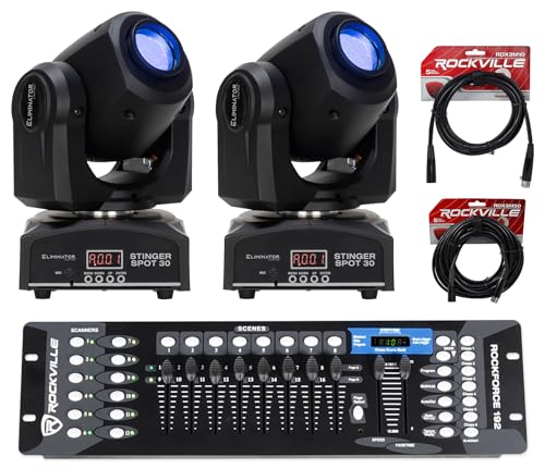 Audiosavings Bundle: (2) American DJ Eliminator Stinger Spot 30 White LED Moving Head Spot Light Bundle with (1) Rockville ROCKFORCE 192-Ch Controller + (1) Rockville RDX3M50 & RDX3M10 Cable (5 Item)