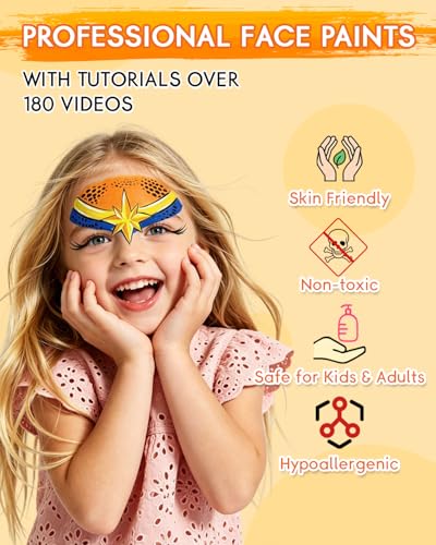 Anka Bella Face Paint Kit for Kids – 12 Colors Water Based Face Paint Palette with Brushes & Stencils, Non Toxic Washable Body Paint for Halloween, Birthday Party, Carnival, Cosplay Makeup - color: HeroVibe Palette