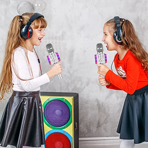 Amazmic Kids Karaoke Microphone Machine Toy Bluetooth Microphone Portable Wireless Karaoke Machine Handheld with LED Lights, Gift for Children Adults Birthday Party, Home KTV(Silver) - color: Silver