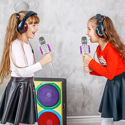 Amazmic Kids Karaoke Microphone Machine Toy Bluetooth Microphone Portable Wireless Karaoke Machine Handheld with LED Lights, Gift for Children Adults Birthday Party, Home KTV(Silver) - color: Silver