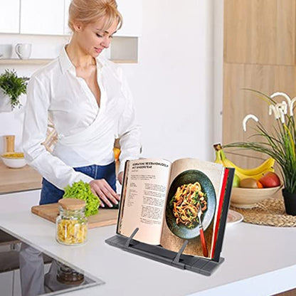 Barelove Desktop Document Book Holder, Metal Foldable Reading Rest Book Stand Easel with 7 Adjustable Positions and Paper Page Clip, Great for iPad Laptop Cookbook Textbooks Tablet Music Sheet Recipe - color: Luxury Black