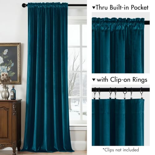 MIULEE Peacock Blue Velvet Curtains 63 Inch Long 2 Panels, W40 x L63 | Luxury Super Soft, Thermal Insulated, Room Darkening Drapes, Rod Pocket Design, Window Curtains for Bedroom Living Room - color: Peacock Blue, size: 40"W x 63"L (Pack of 2)