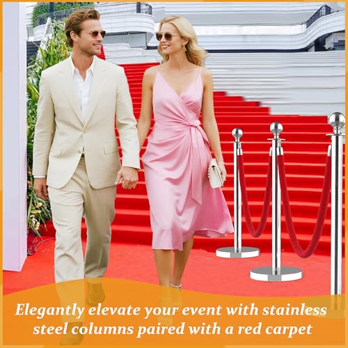 6Pcs Stanchions and Velvet Ropes, Silver Stanchions with Retractable Belts, Crowd Control Barriers with Hollow Base, Red Carpet Ropes and Posts for Event & Party Supplies