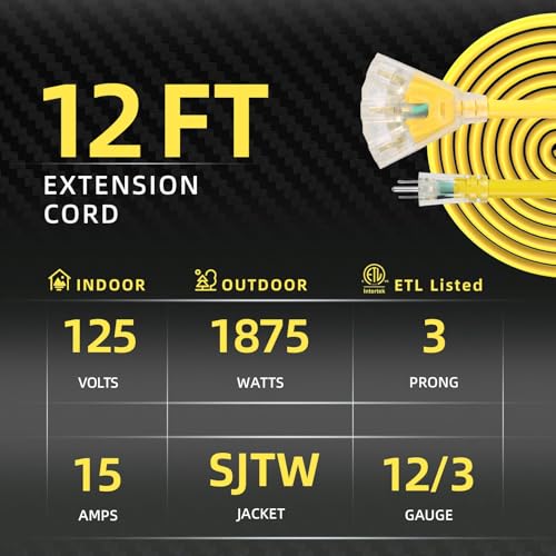 12FT 12/3 Heavy Duty 3-Outlet Lighted Outdoor Extension Cord ETL | 15A 1875W, pure copper SJTW waterproof -58°F to 140°F, lawn care, woodworking, metal cutting, barn, outdoor use, 3-prong