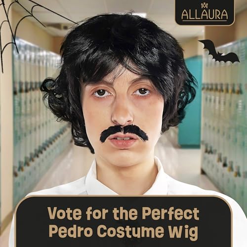 ALLAURA Vote Pedro Wig | Black Wig + Fake Mustache | 70s Shag Beatles Sonny Halloween Costume | Pablo Compatible - color: 17-Black