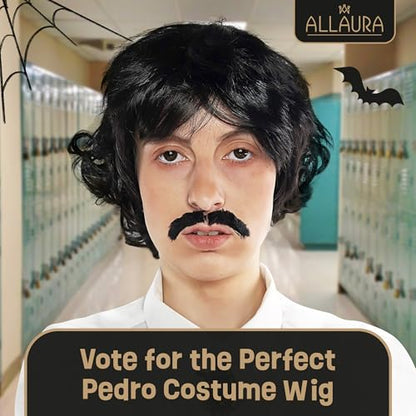 ALLAURA Vote Pedro Wig | Black Wig + Fake Mustache | 70s Shag Beatles Sonny Halloween Costume | Pablo Compatible - color: 17-Black
