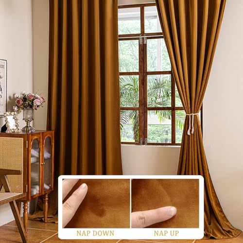 YOFUN 90 inches 2 Panels, Golden Brown Blackout Luxury Velvet Curtains Thermal Insulated Heat Block Soundproof Window Panels Soft Drapes for Bedroom Living Room, Rod Pocket & Back Tab, W52 x L90 - color: Golden Brown, size: 52"W x 90"L (Pack of 2)