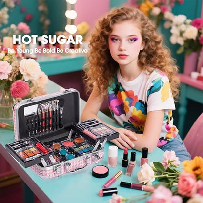 Hot Sugar All-in-One Makeup Kit for Adults and Girls, Pink Houndstooth | Cosmetics Set with eyeshadow, blush, lip gloss, lipstick, lip & eye pencils, brush and mirror for beginner full-face looks. - color: P HOUNDSTOOTH