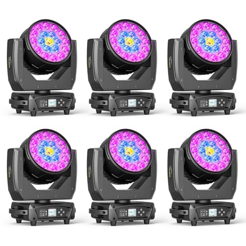 19x15W RGBW 4in1 Moving Head DJ Lights, Beam/Wash/Zoom Effect Stage Lighting, DMX512 & Sound Activated Control for Party Wedding Disco KTV Bar Stage Show -6 Pack - color: 6 Pack