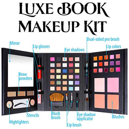 SHANY Luxe Book Makeup Set - All In One Travel Cosmetics Kit with 30 Eyeshadows, 15 Lip Colors, 5 Brushes, 4 Pressed Blushes, 3 Brow Colors, and Mirror - color: LUXEBOOK
