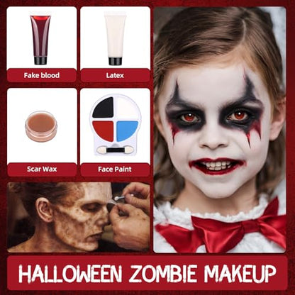 Zombie Makeup Kit - Professional SFX Makeup Set with 4 Color Face Body Paint, Liquid Latex, Fake Blood, Scar Wax for Halloween, Vampire, Clown Cosplay - color: Halloween Zombie Makeup Kit