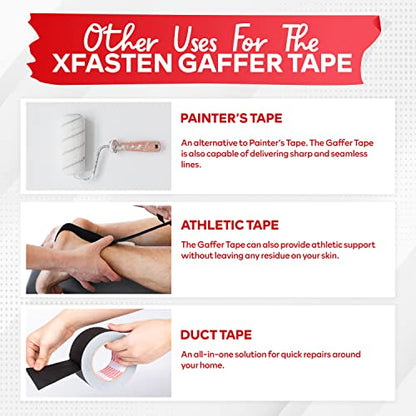 XFasten Black Gaffers 테이프 5.1cm(2인치) x 30야드(90피트) 잔여물 없는 매트 블랙 개퍼 테이프 5.1cm(2인치) 무반사 찢기 쉬운 바닥 테이프, 전기 코드용 - color: 블랙., size: 2 inch x 30 yards