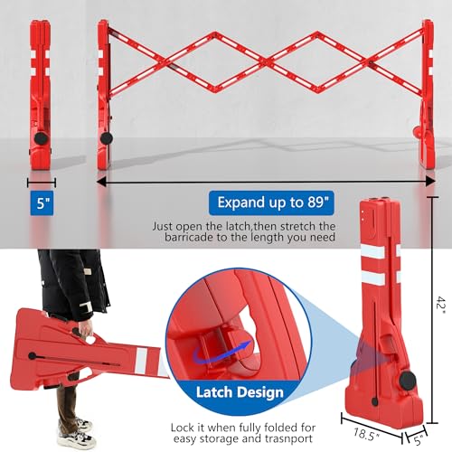 RELIANCER Expandable 7.41ft Safety Barricade,Retractable Security Barrier Water Filled Weighted Base,Adjustable Traffic Barricades,Outdoor Crowd Control Barriers,Driveway Isolation Gate,Garden Fence - color: Red