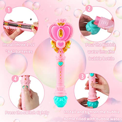 Bubble Wand for Kids Princess Heart Bubble Machine Blower Maker Wand with Light Easter Christmas Basket Stocking Stuffers Outdoor Toys Gifts for 3 4 5 6 7 8 Years Old Toddlers Little Girls - color: Light Pink