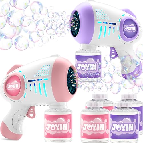 JOYIN 2 Kids Bubble Guns with 4 Bottles Solution, Automatic Bubble Machine Gun with 8 Holes for Kids, Adults, Summer Toys, Easter Basket Stuffers, Birthday Gift, Party Favors-Purple，Pink - color: Pink, Purple
